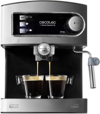Cecotec Express Coffee Maker Handmatige Vermogen Espresso 20. 850W, druk 20 Bar, 1.5L tank, dubbele uitlaatarm, stoomboot, warmer oppervlak, roestvrijstalen afwerkingen