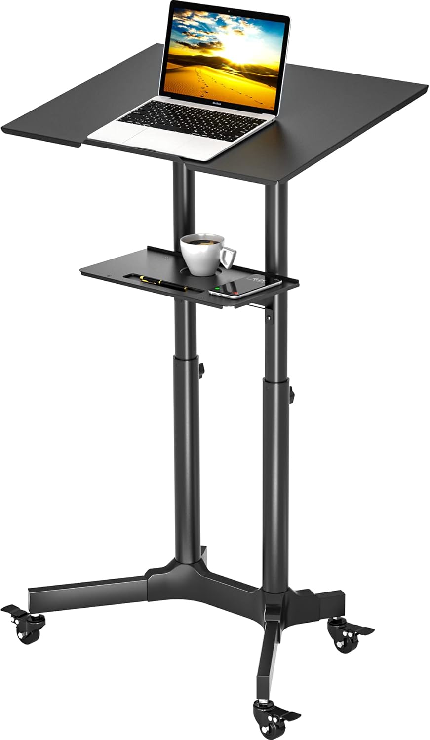 BONTEC Verstelbaar Mobiel Sta-bureau met Wielen, Draagbaar Laptop Sta-bureau voor Thuis en Kantoor, Verrijdbaar Werkstation voor Zitten en Staan