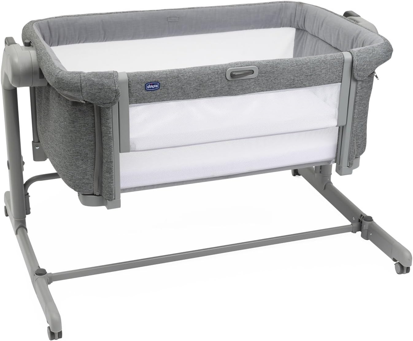 Chicco Next2Me Magic Evo, Babybedje Zijbed, met schommelmodus, draaibare rug, 11 hoogteniveaus, verstelbare hoogte, 4 wielen, matras en reistas inbegrepen, donkergrijs
