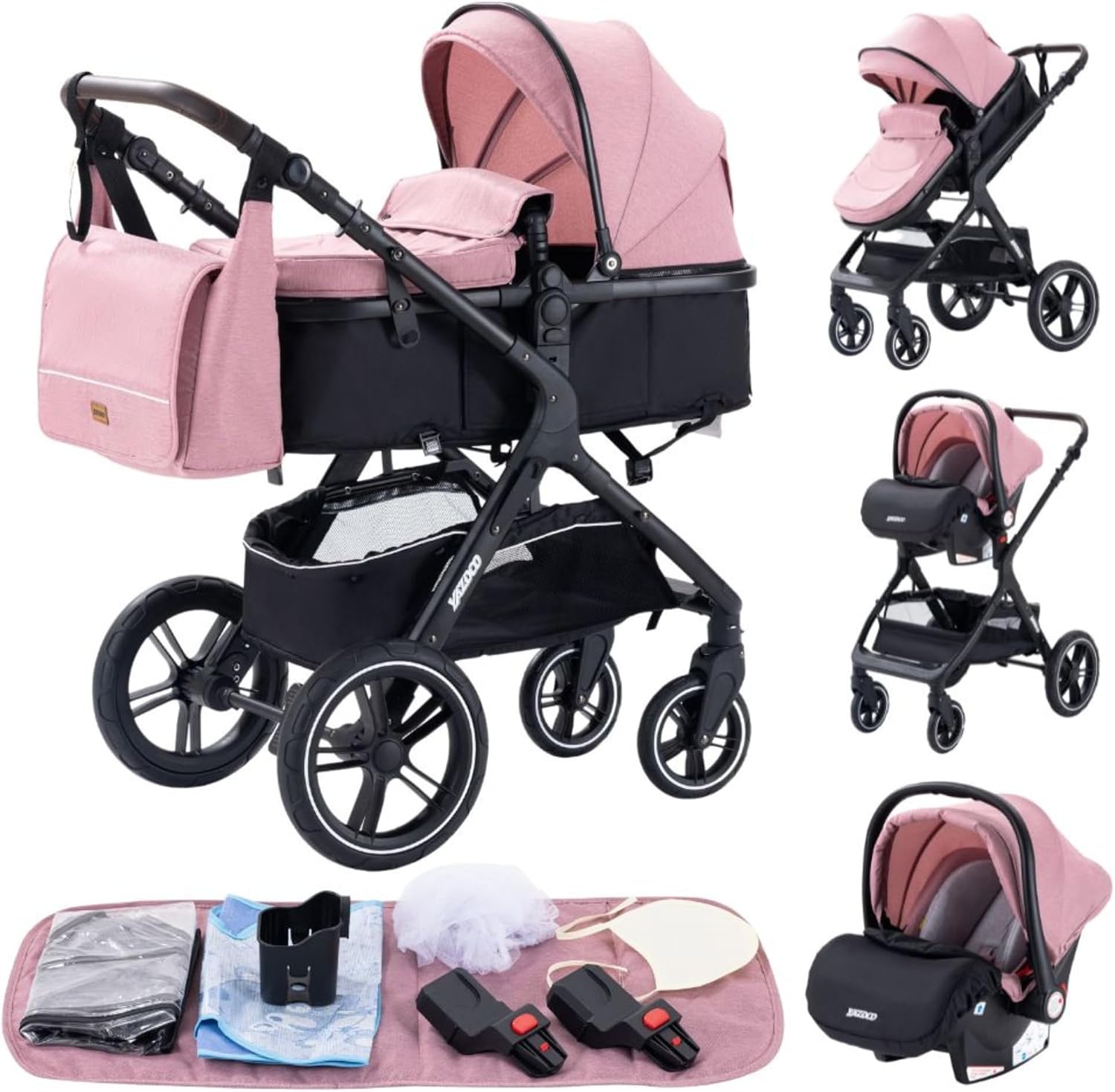 YAZOCO kinderwagen 3-in-1, Citadines combinatie kinderwagen kinderwagen driewieler kinderwagen hoge landschap kinderwagen vouwen kinderwagen kinderwagen kinderwagen 0-36 (1 Roze)