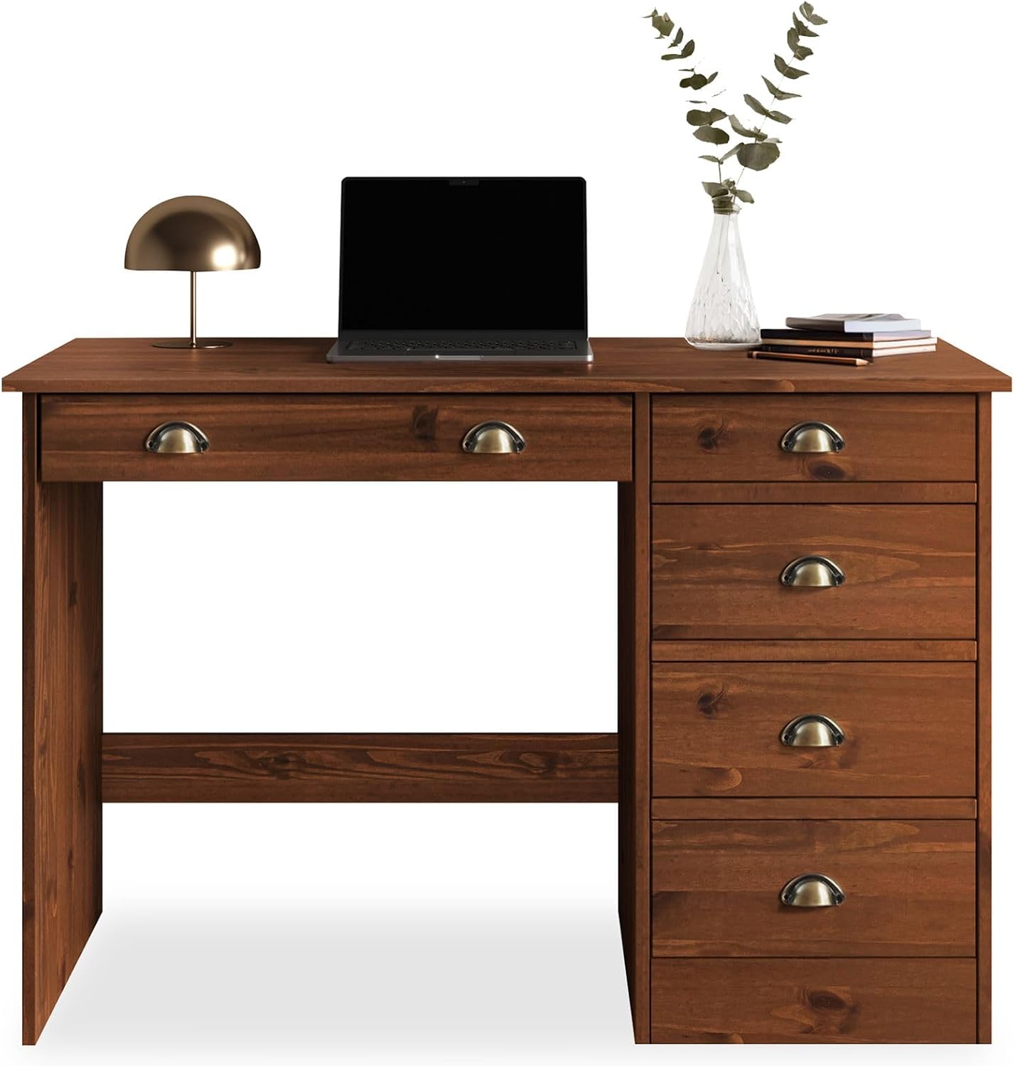 IDIMEX Bureau Lana met 5 laden, kastanjekleuren - bureau van massief hout in landelijke stijl, klassiek design, bureau met schelpgrepen