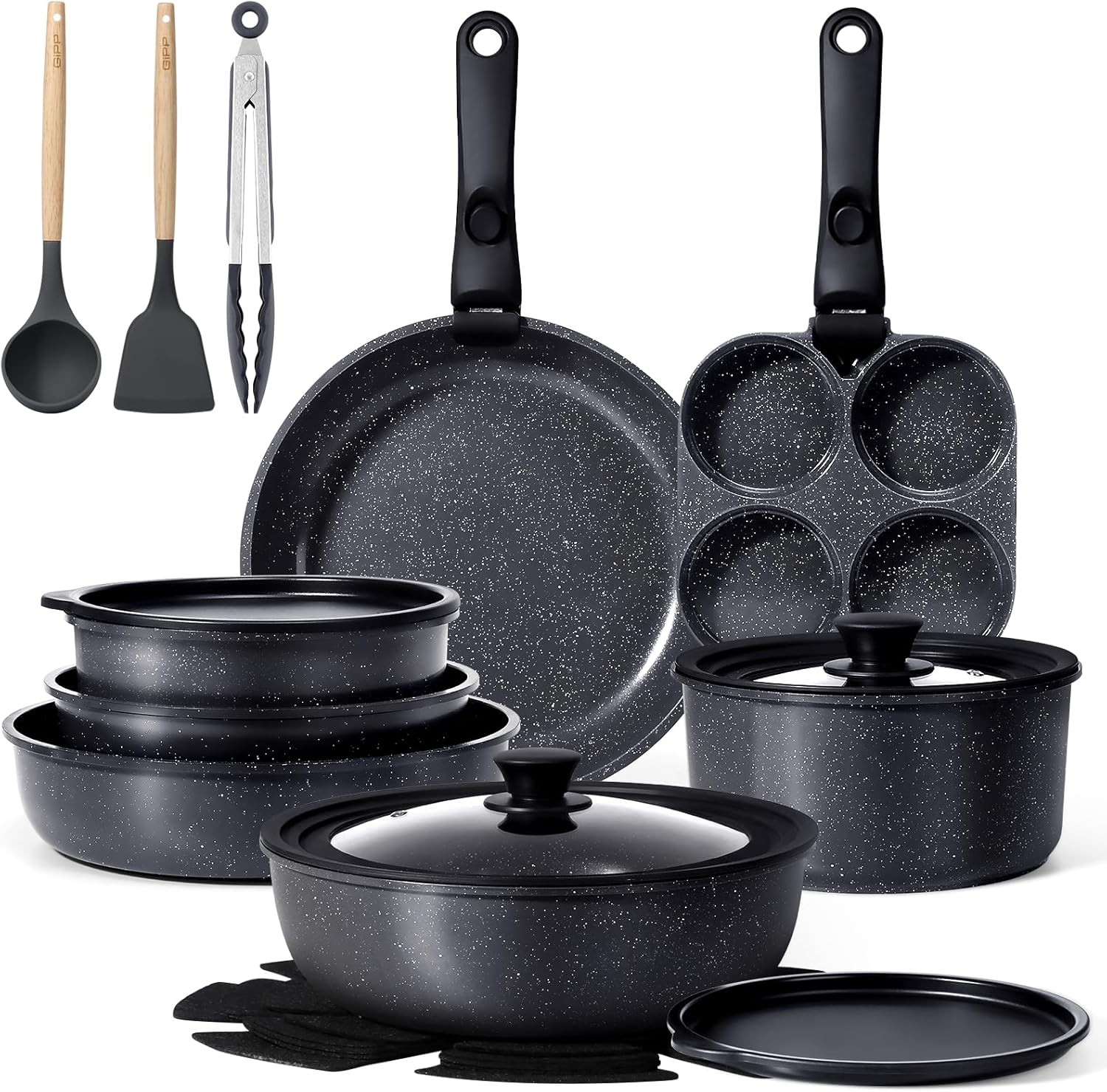 GiPP Granieten pannenset, 21-delig kookpannenset, anti-aanbaklaag, kookgerei met afneembare handgreep, geschikt voor alle warmtebronnen, vaatwasmachinebestendig, ovenbestendig(Zwart, 21 stuks)
