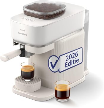 Philips Baristina Espressomachine, Automatisch Malen, Tampen & Zetten, 16 Bar, Espresso, Lungo, Compact Formaat, Natuurlijk Wit met Witte Portafilter, Koffiemachine met Maler BAR305/00