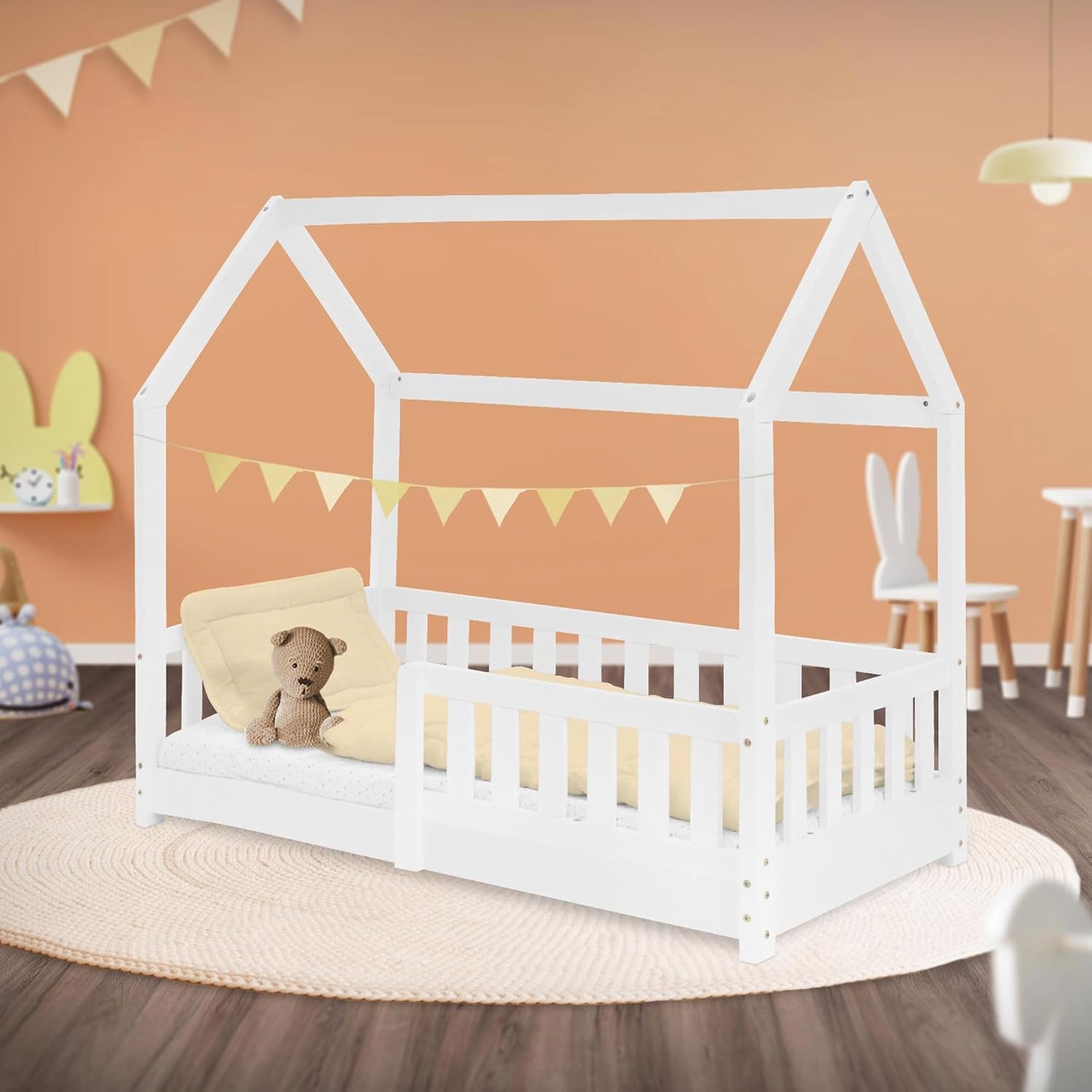 ML-Design kinderbed 70x140 cm met uitvalbeveiliging, dak en lattenbodem, wit, massief houten kinderbed, huisbed voor meisjes/jongens, bedhuis van massief grenen hout, stabiel jeugdbed kinderhuis