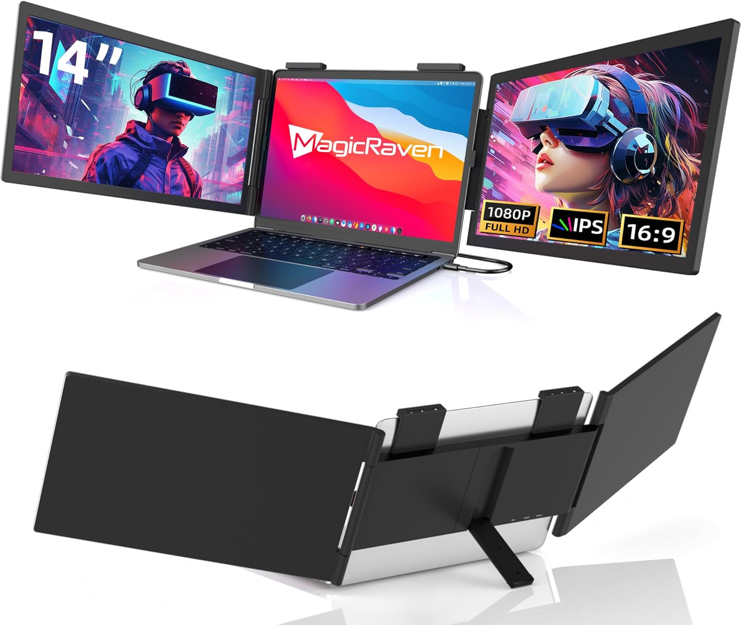 MagicRaven Dual Portable Monitor voor Laptop, 14" Draagbare Monitor Full HD 1080p IPS Display, Dubbel Scherm voor Laptops 14" -16.5" Laptop Screen Extender met USB-C voor Poort Windows/Mac/Telefoon