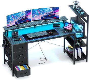 YOUDENOVA Gaming-bureau met 4 stoffen laden, 150 x 48 cm, omkeerbare computertafel met led en stopcontact, bureautafel met monitorstandaard, USB-aansluiting, pc-tafel voor thuiskantoor en gamers