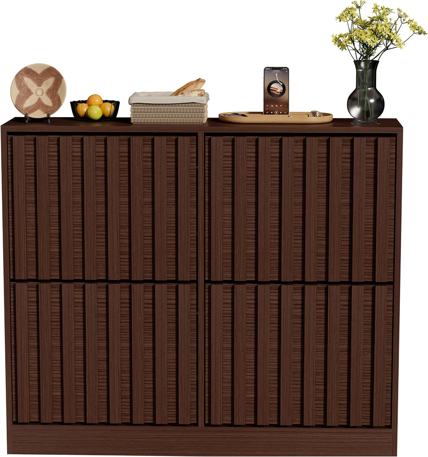 UEV Schoenenkast met 4 kleppen, schoenenkast, kantelbaar, verstelbaar en afneembaar rek, lijnpatroon, voor entree, hal, woonkamer, 102 x 24 x 86,5 cm, bruin