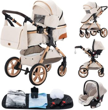 GLOKID 3-in-1 kinderwagen, stadswagen, combi-kinderwagen, driewieler baby walker, hoge kinderwagen, landschap, opvouwbare kinderwagen, trolley baby voor 0-36 (XX1 crème)