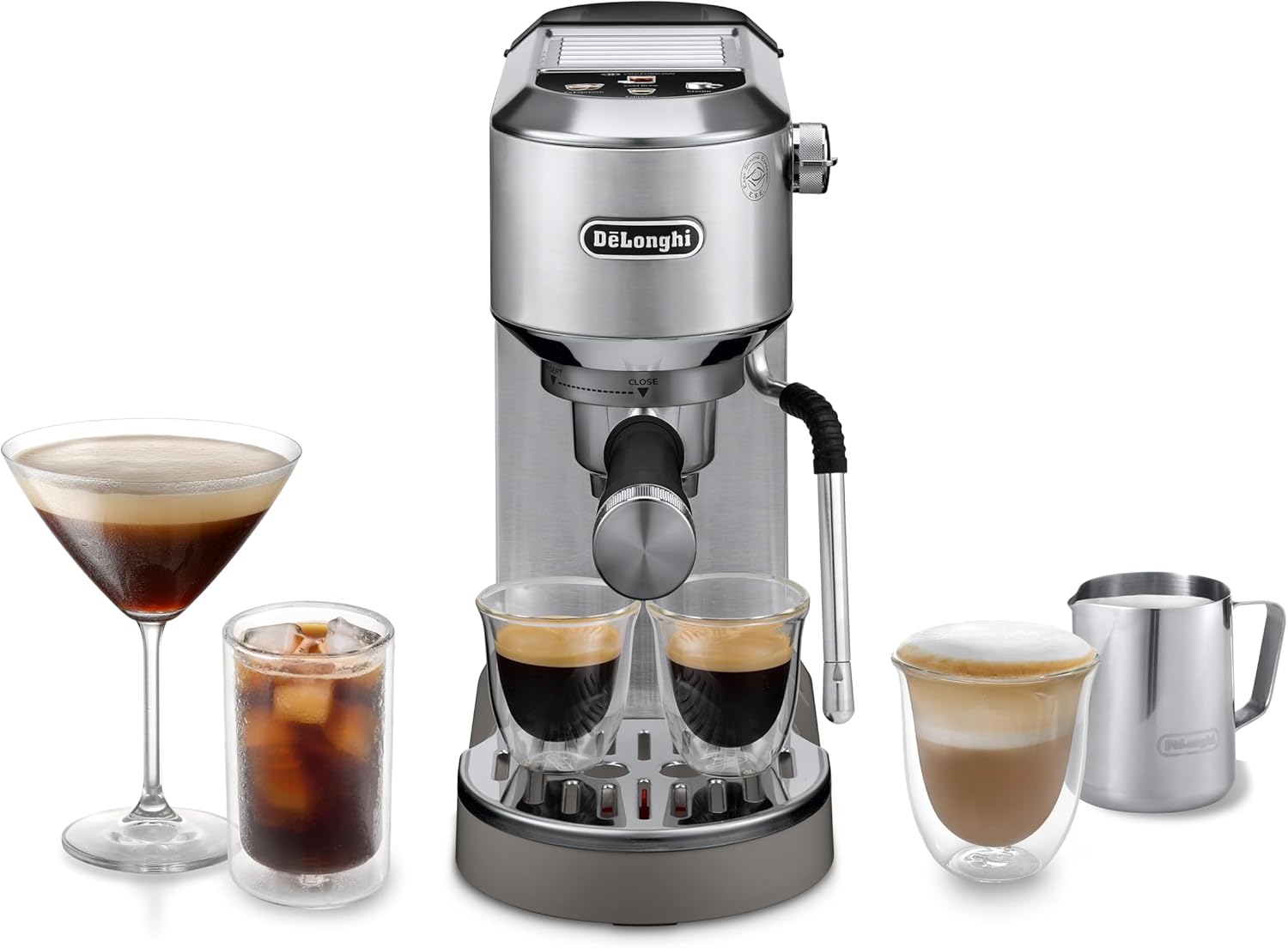 De'Longhi Dedica Duo EC890.M Handmatig koffiezetapparaat voor espresso, cappuccino en cold brew, barista, met stoommondstuk voor My LatteArt, touch-display, breedte 15 cm, afneembare tank 1,1 l