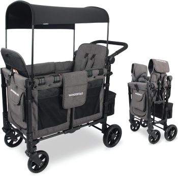 WonderFold W2 Elite Kinderbusje met 2 hoge zitplaatsen met 5-punts veiligheidsgordels, verstelbare duwgreep en in hoogte verstelbare uv-beschermingskap, houtskool grijs