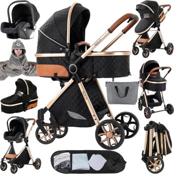 MoLi Trio-kinderwagen 3-in-1 met dubbele omkeerbare push-modus, voor pasgeborenen, grote babykuip, opvouwbare aluminium (225 zwart-goud)