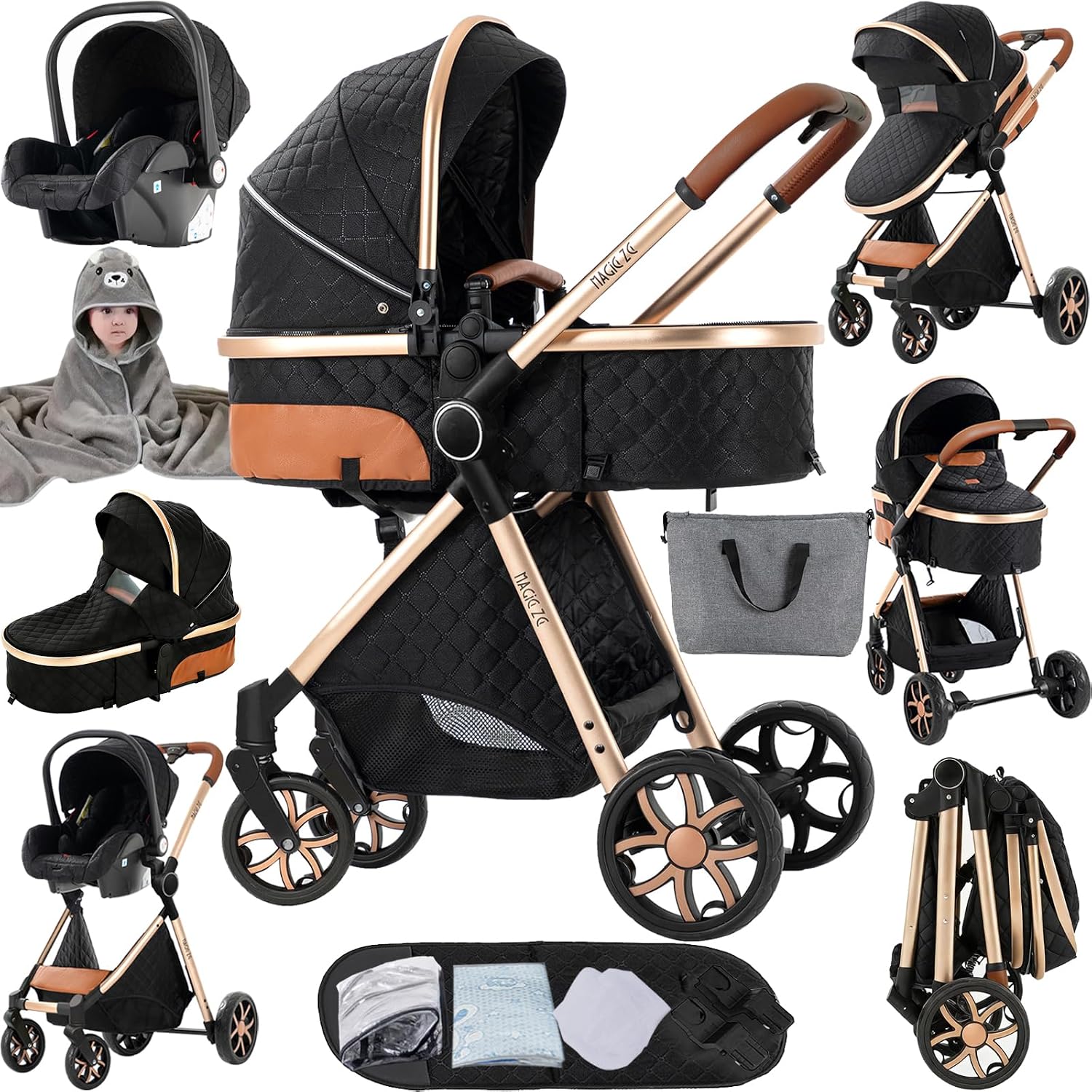 MoLi Trio-kinderwagen 3-in-1 met dubbele omkeerbare push-modus, voor pasgeborenen, grote babykuip, opvouwbare aluminium (225 zwart-goud)