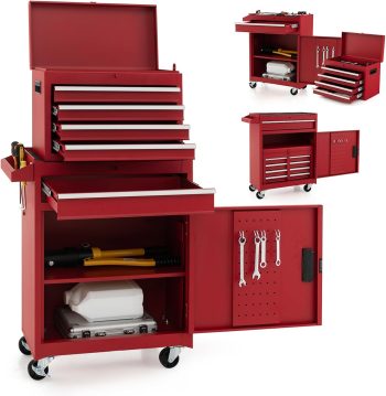 GOPLUS 2-in-1 gereedschapskast van metaal, gecombineerde rolkast met draagbare gereedschapskist, mobiele werkplaatswagen met 5 laden en antislipmatten, voor werkplaats en huishouden (rood)