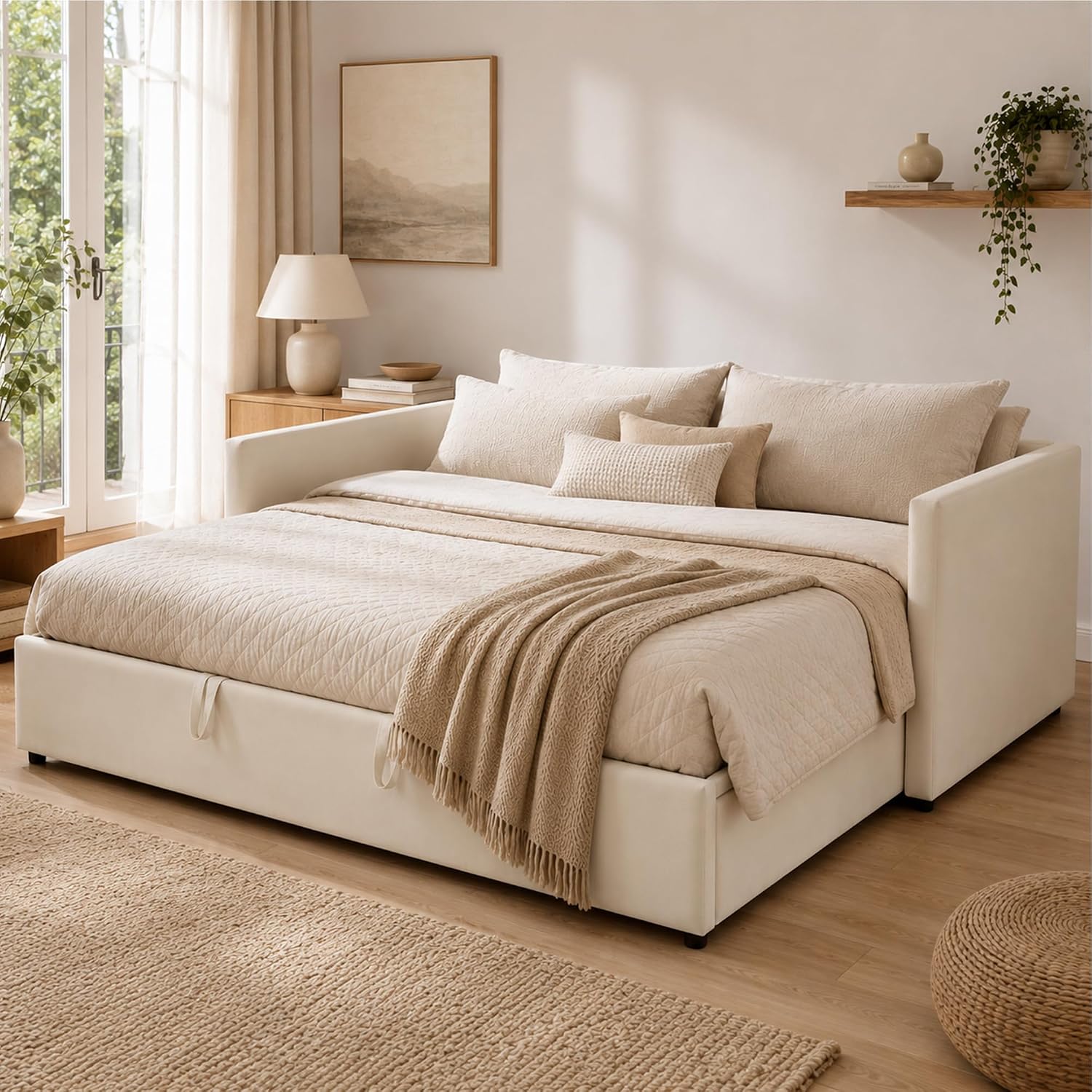 DULRLLY Slaapbank, 90/180 x 200 cm, inklapbaar, dagbed, gestoffeerd uitschuifbed, met lattenbodem, slaapbank, voor woonkamer, kinderkamer, slaapkamer (beige)