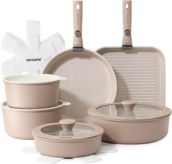 SENSARTE 17-Delig Inductie Pannenset, Koekenpannen met Deksel, Afneembare Handgrepen en Antiaanbaklaag, Stapelbaar, Vaatwasmachinebestendig, Vrij van Opzettelijk Toegevoegd PFOA/PFOS (Beige)