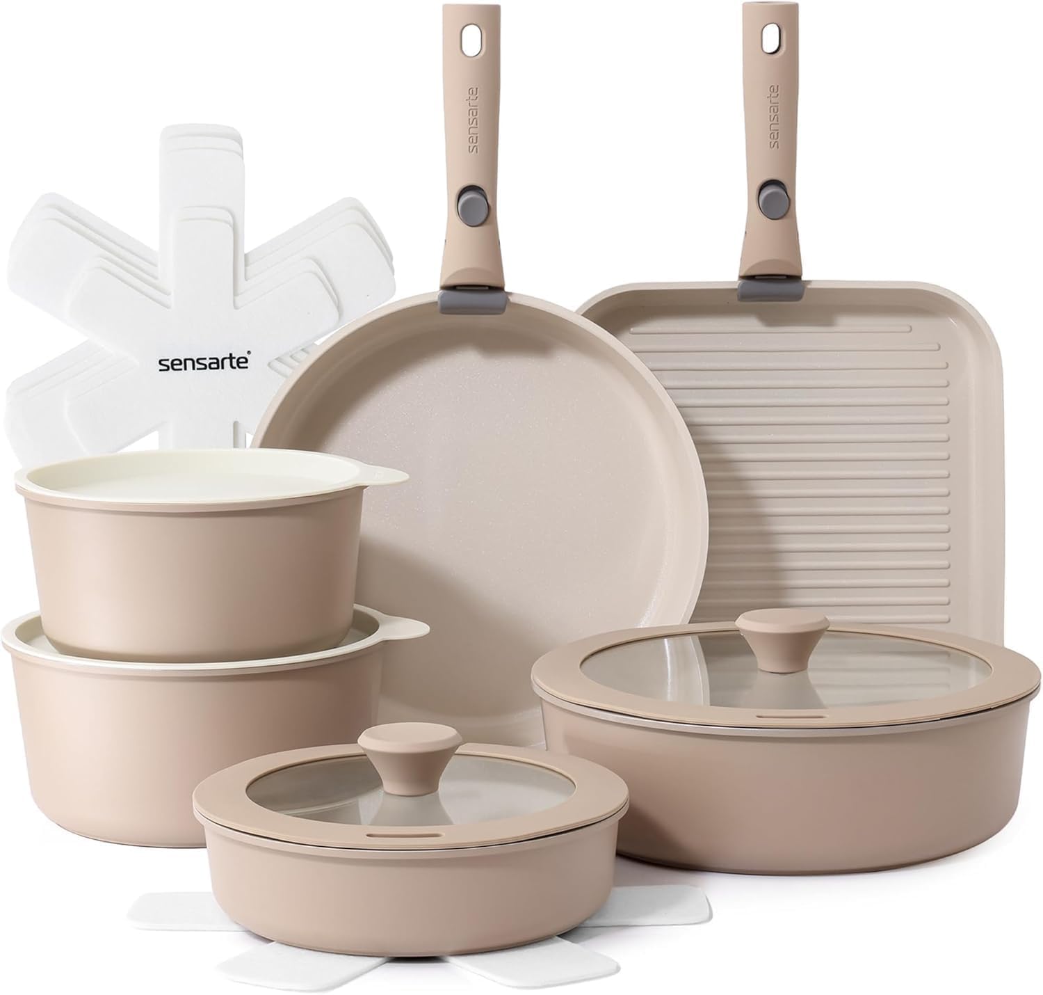 SENSARTE 17-Delig Inductie Pannenset, Koekenpannen met Deksel, Afneembare Handgrepen en Antiaanbaklaag, Stapelbaar, Vaatwasmachinebestendig, Vrij van Opzettelijk Toegevoegd PFOA/PFOS (Beige)