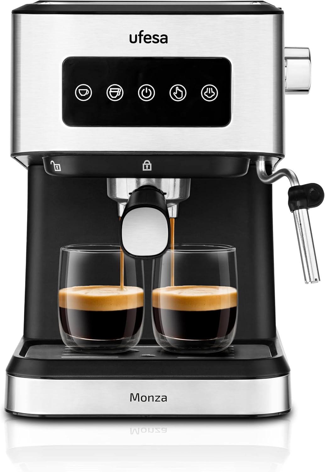 Ufesa Monza Koffemachine, voor Espresso's en Capuccino's, 20 Bars, Digitale Touch-paneel, Verstelbare melkopsysteem, Gemalen koffie of koffie pads, 1.5 Ltrs Waterreservoir