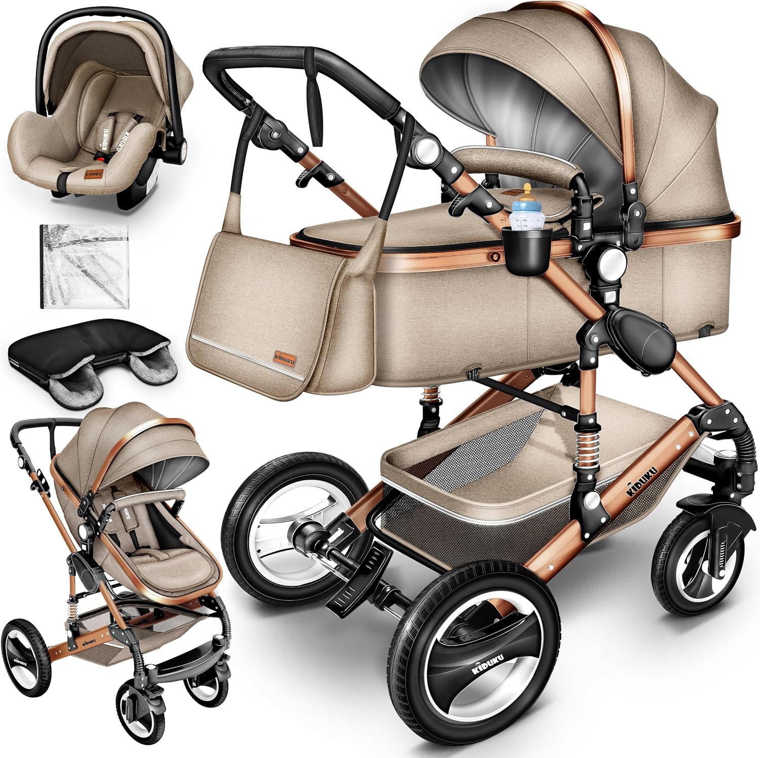 KIDUKU® 3 in 1 Kinderwagen Complete Set | Combi Wandelwagen Set incl. Reiswieg Buggy Car-Baby Shell Voetenzak | Volledig rubberen banden Luiertas Regenhoes Kindertafel ECE R129