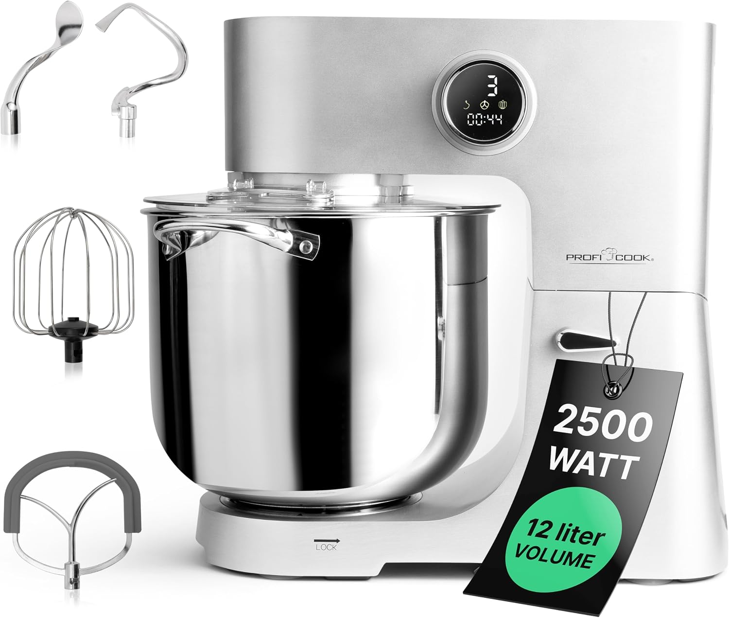 ProfiCook® Keukenmachine met XXL 12L kom | Kneedmachine met 2500W Longlife-Profi-Motor | Metalen overbrenging en LED-display | Food Processor voor maximaal 8,5 kg deeg | 12 snelheden | PC KM 1254