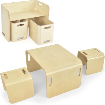 LIFEZEAL Kinderzitgroep, Multifunctionele kindertafel met 2 stoelen, kindertafel en stoel set voor kinderen vanaf 3 jaar, leertafel zitgroep voor kleuterschool, woonkamer (Natuur)