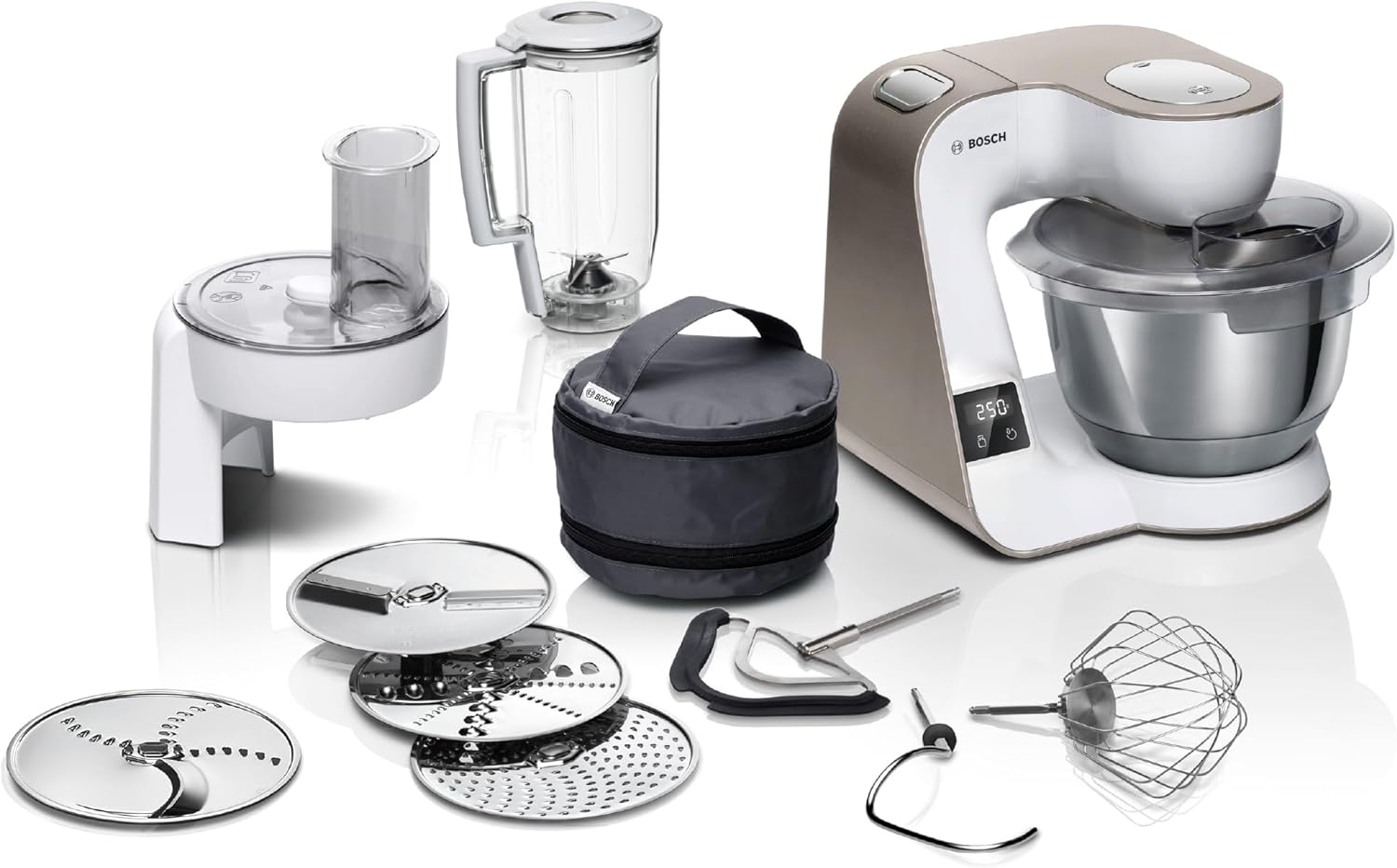 Bosch, MUM5 keukenmachine, 1000 Watt, geïntegreerde weegschaal en timer, kom met 3,9 l inhoud, flexibele roergarde, rvs klopgarde en kneedhaak, MUM5XW20, wit/champagne