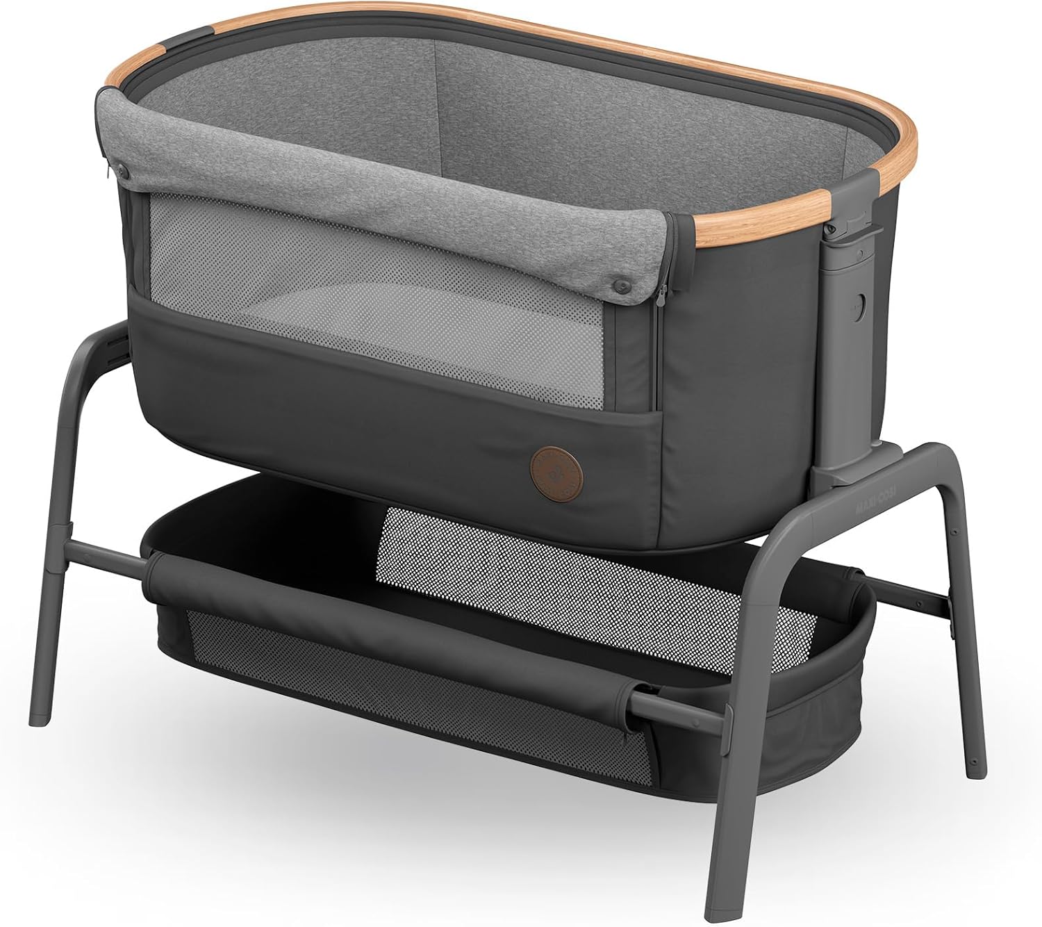 Maxi-Cosi Iora Baby Co-Sleeper & Wieg, Inklapbaar Aanschuifbedje, 0-6 maanden, max 9 kg, 4 Ligstanden & 5 Hoogtestanden, Comfortabel Matras, Grote Opbergmand, Eenvoudig Inklapbaar, Essential Graphite