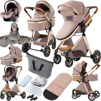 3-in-1 combi-kinderwagen, standaard kinderwagen, reissysteem, kinderwagen, buggy, voor pasgeborenen, draagbare reiswieg, opvouwbare hoge kinderwagen (225 Khaki)