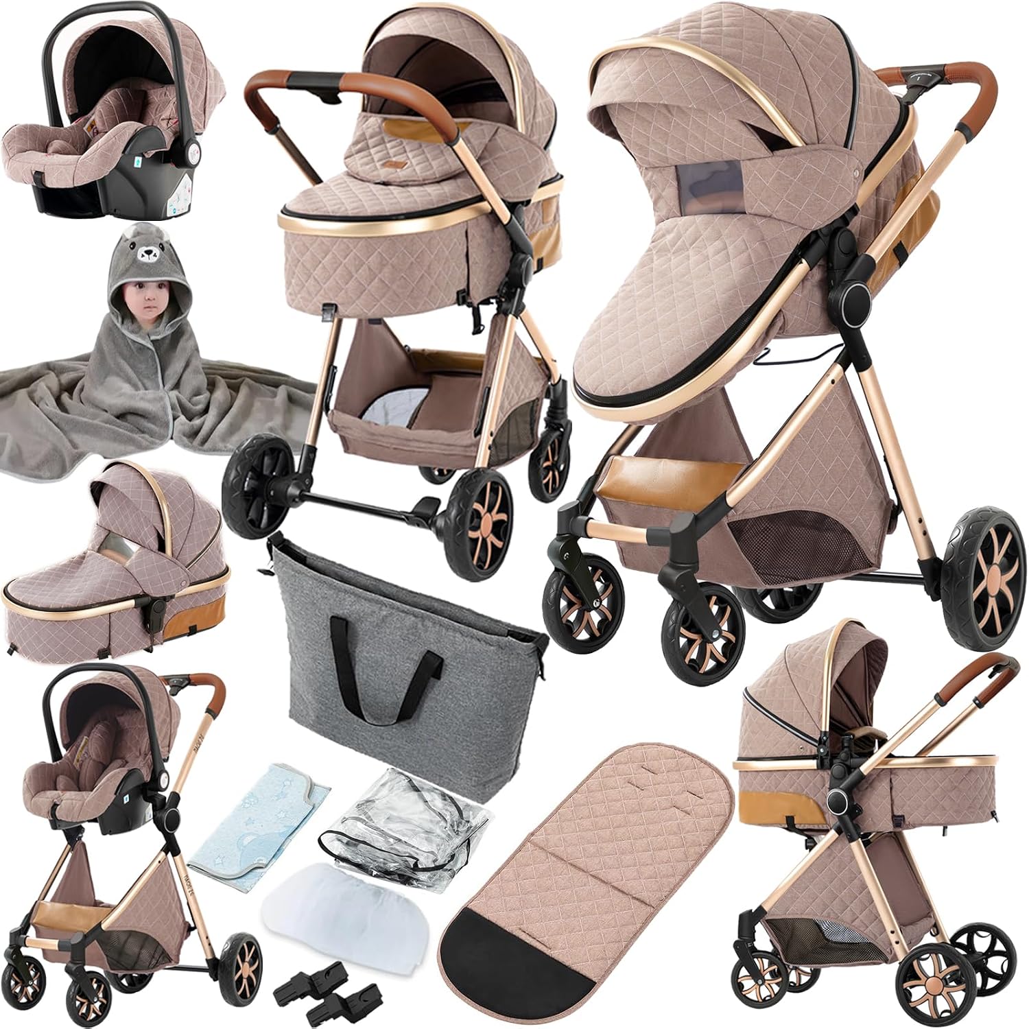 3-in-1 combi-kinderwagen, standaard kinderwagen, reissysteem, kinderwagen, buggy, voor pasgeborenen, draagbare reiswieg, opvouwbare hoge kinderwagen (225 Khaki)