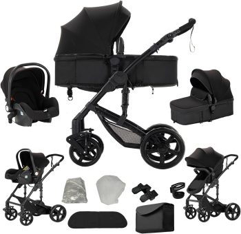 3-in-1 kinderwagen, hoge zitpositie, opvouwbare babykinderwagen, voor- en achterwaarts duwbaar in aluminium, reissysteem voor baby's (588 zwart)