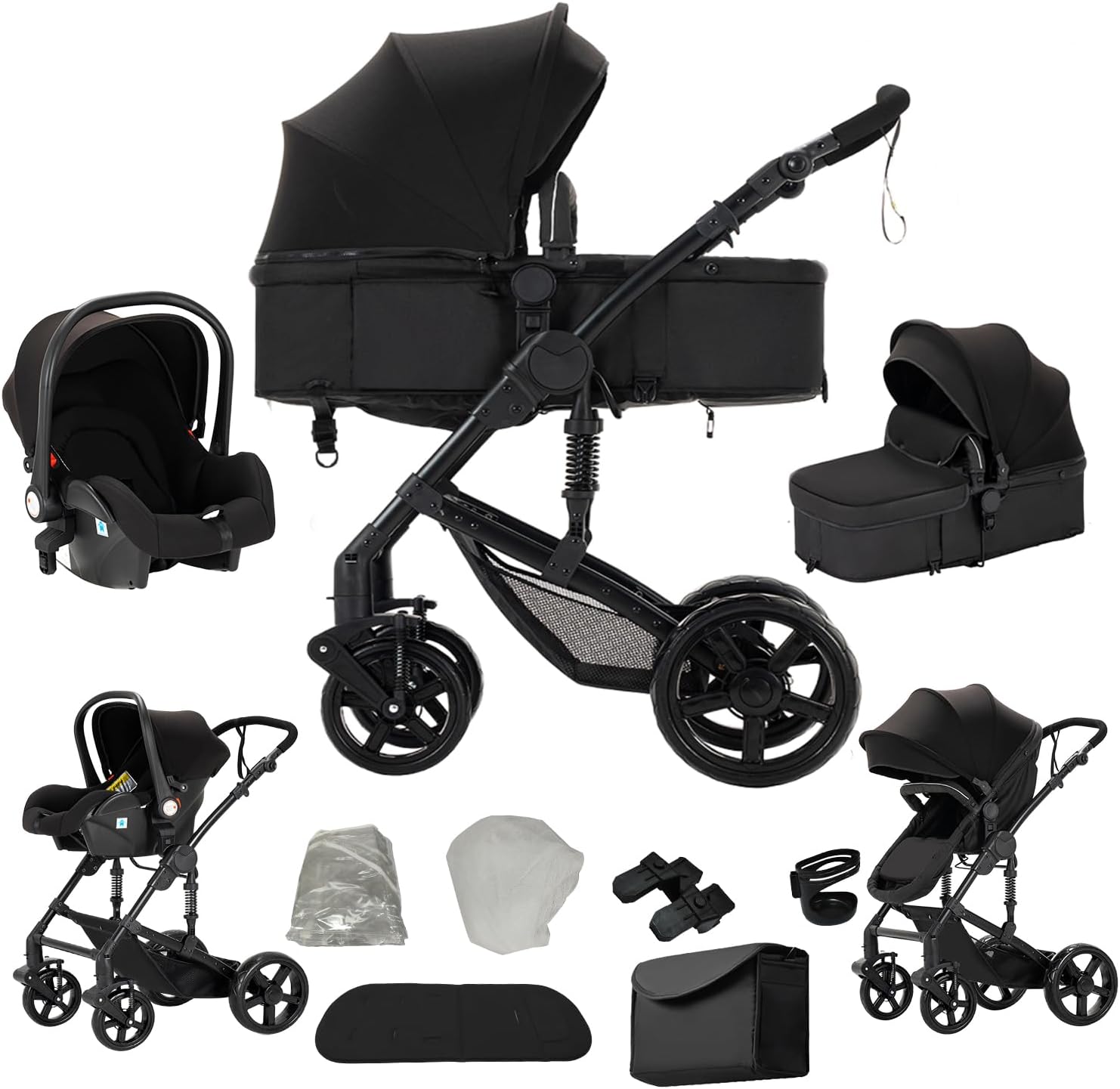 3-in-1 kinderwagen, hoge zitpositie, opvouwbare babykinderwagen, voor- en achterwaarts duwbaar in aluminium, reissysteem voor baby's (588 zwart)