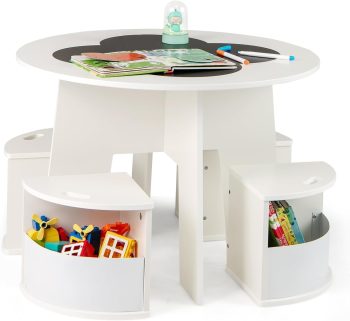 LIFEZEAL Kindertafel met 4 stoelen, ronde schildertafel met 4 opbergkrukken, activiteitstafel met krijtbordplaat, kinderzitgroep voor kinderen vanaf 3 jaar (wit)