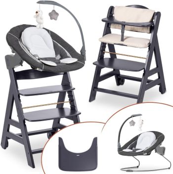 hauck Hoge stoel Beta+ Newborn Set Deluxe - babystoel set vanaf de geboorte met pasgeborenen opzetstuk bouncer, zitkussen en eetplank - Dark Grey