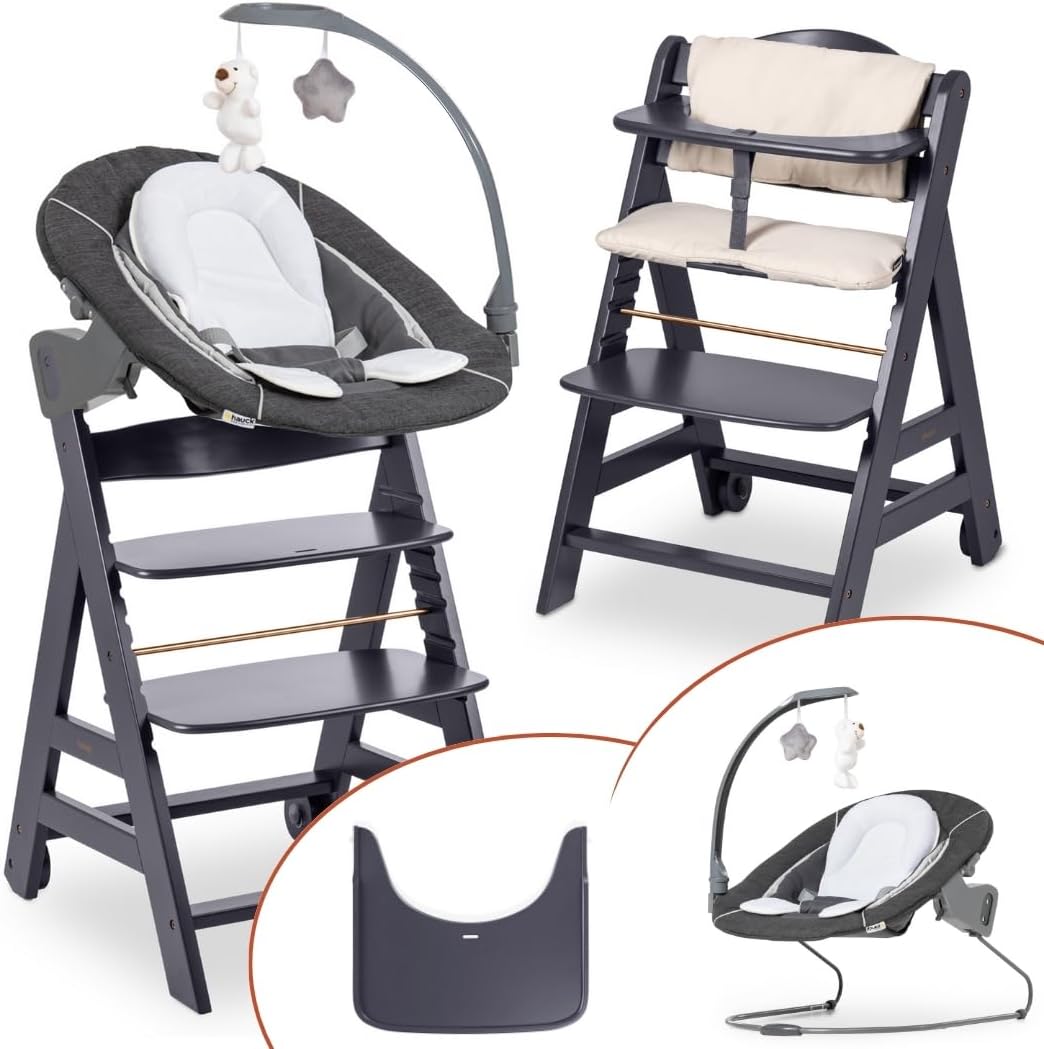 hauck Hoge stoel Beta+ Newborn Set Deluxe - babystoel set vanaf de geboorte met pasgeborenen opzetstuk bouncer, zitkussen en eetplank - Dark Grey