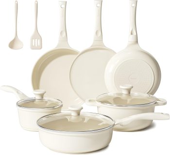 Redchef Keramische pannenset, inductie, pannenset, kookgerei, 11-delig, inductiepantenset met glazen deksel, PTFE-vrij, PFAS-vrij, geschikt voor alle warmtebronnen, vaatwasmachinebestendig (beige)