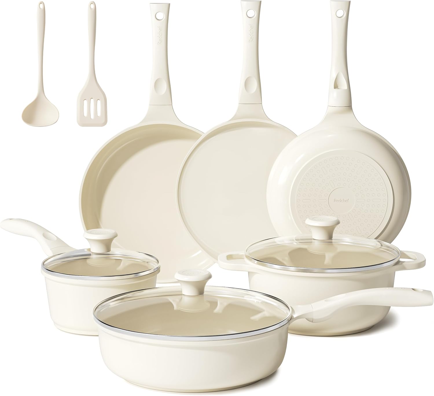 Redchef Keramische pannenset, inductie, pannenset, kookgerei, 11-delig, inductiepantenset met glazen deksel, PTFE-vrij, PFAS-vrij, geschikt voor alle warmtebronnen, vaatwasmachinebestendig (beige)