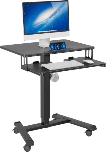 BONTEC Mobiel Bureau met 4 Wielen, In Hoogte Verstelbaar Werkstation, 65x45 cm Laptoptafel met Toetsenbordplank, Ergonomische Statafel voor Woonkamer en Slaapkamer