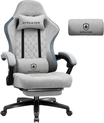 GTPLAYER Gamingstoel, Stof, Ergonomische Draaistoel Met Voetensteun, Pocketveringkussen, 150 Kg Belastbaarheid, Grijs
