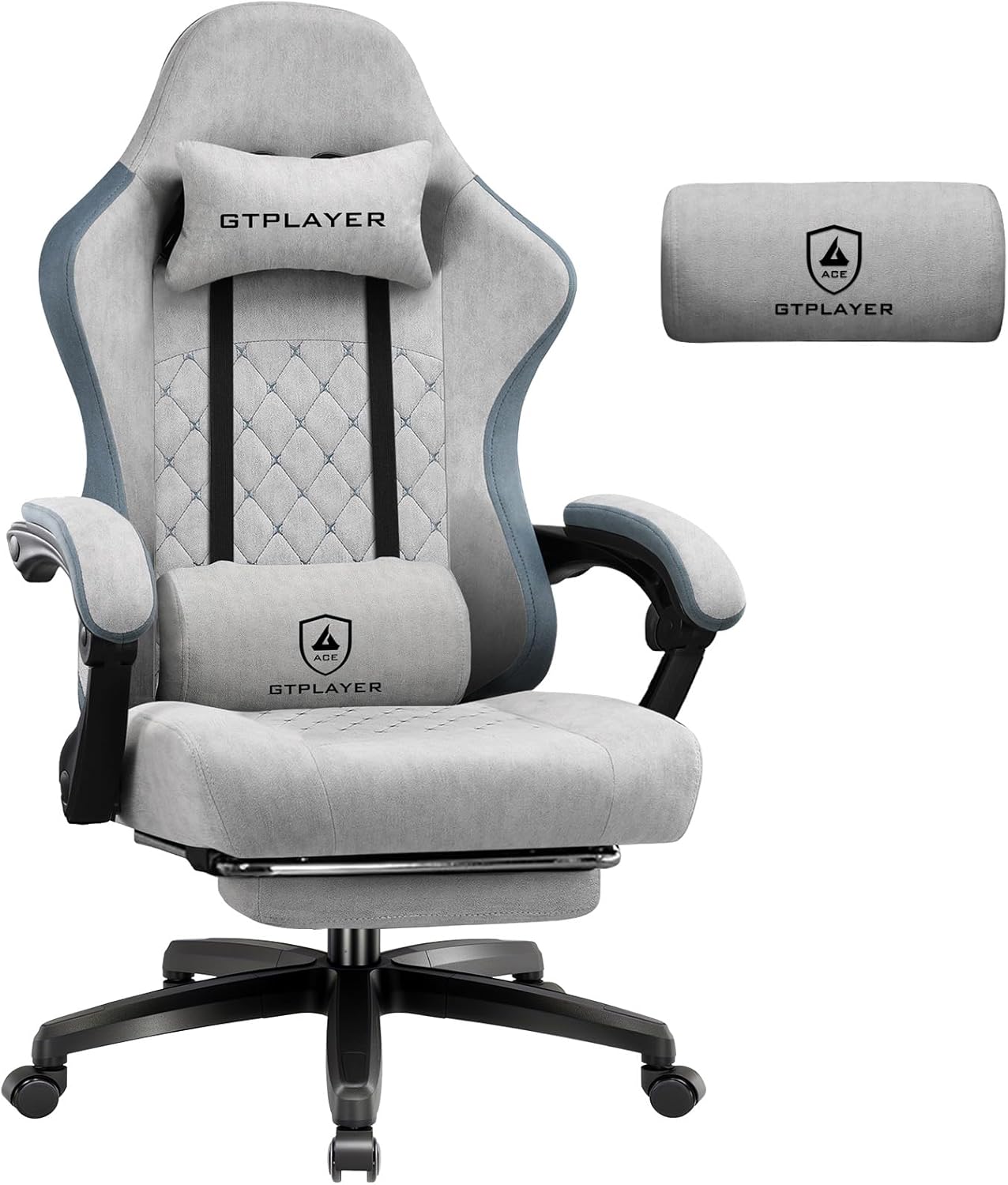 GTPLAYER Gamingstoel, Stof, Ergonomische Draaistoel Met Voetensteun, Pocketveringkussen, 150 Kg Belastbaarheid, Grijs