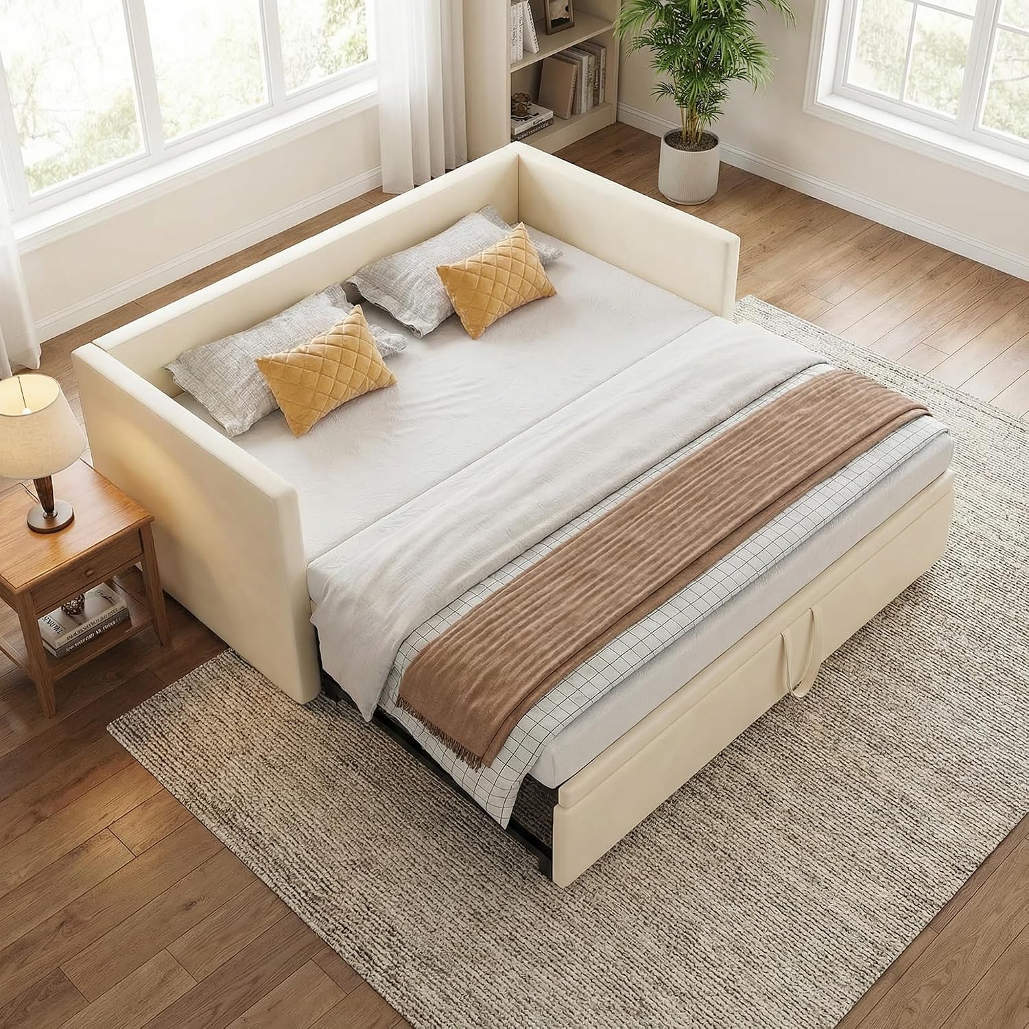Gestoffeerd Bed Slaapbank Met Gastenbed 90/180x200 Cm,Uittrekbaar, Voor 2 Personen, Dagbed, Uittrekbed Dezelfde Hoogte, Slaapbank Met Lattenbodems En Rugleuning, Multifunctioneel Bed, Fluweel(Beige A)