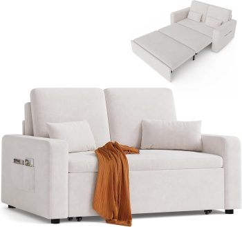 Xbro 2-zits Slaapbank - 3-In-1 Bank met Slaapfunctie, 147 x 196 x 87 cm, Uittrekbaar, Sofa met Slaapfunctie, Modern Veloursstof, Wit