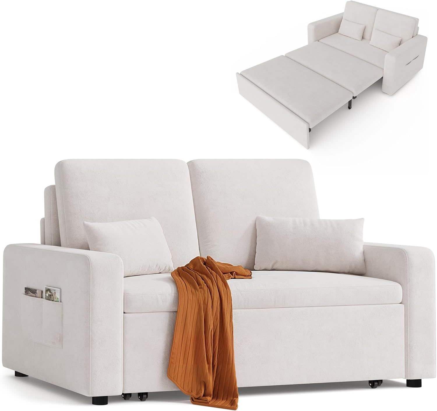 Xbro 2-zits Slaapbank - 3-In-1 Bank met Slaapfunctie, 147 x 196 x 87 cm, Uittrekbaar, Sofa met Slaapfunctie, Modern Veloursstof, Wit