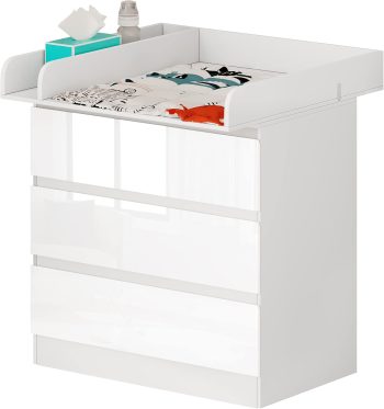 WOLTU commode met aankleedkussen, ladekast met 3 lades, commode met geluidsarme metalen rails, kantelbeveiliging, 86 cm voor lendenbescherming, wit+Hoogglans Wit