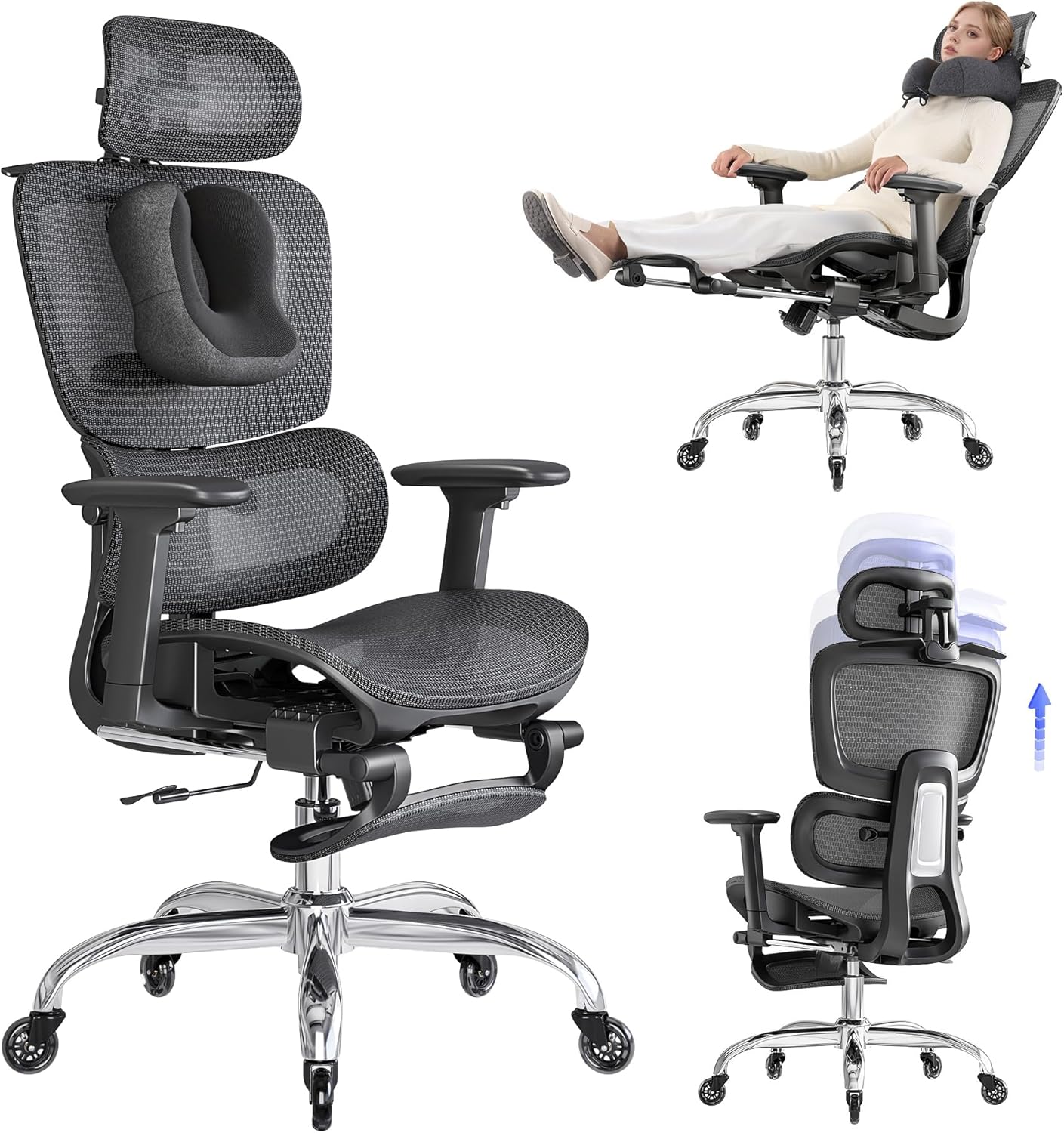 LarkLeaves Mesh Ergonomische Bureaustoel met Voetensteun Zwart L10 Pro