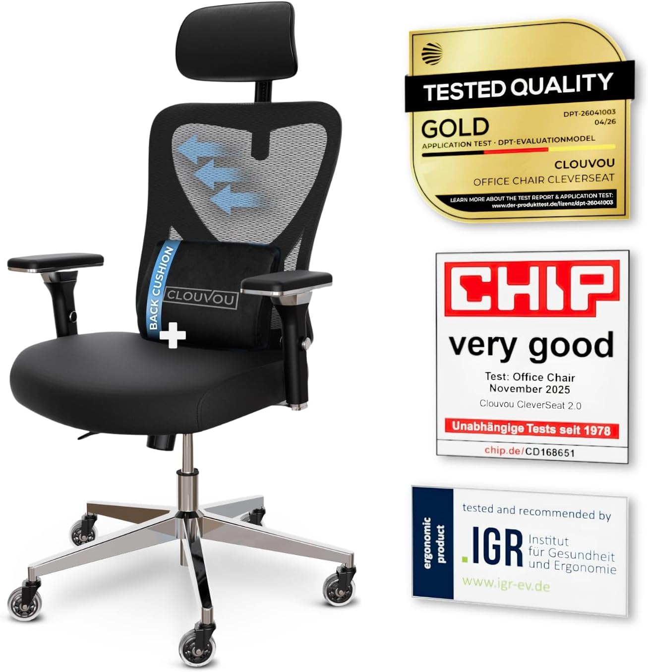 CLOUVOU CleverSeat Ergonomische Bureaustoel [TESTWINNAAR] Max.150 kg