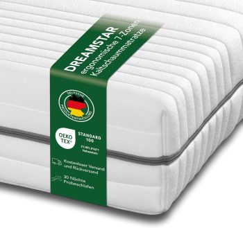 DREAMSTAR Koudschuimmatras Vital zilver XXL, 24 cm hoog, ergonomisch matras met 7 zones van koudschuim, hardheidsgraad 2 (H2), Öko-Tex gecertificeerd, hypoallergeen en antibacterieel, 140 x 200 cm