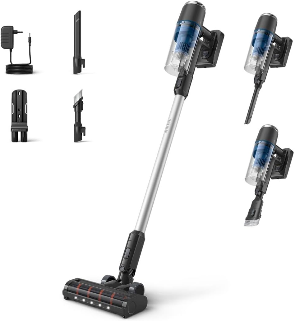 Philips Snoerloze Stofzuiger 3000 Series,Krachtige Zuigkracht op Harde Vloeren,60 Min Werktijd, Mondstuk met LED-Lampje, Spleetmondstuk & Combinatietool, Vervangbare Batterij, Lichtgewicht (XC3032/01)