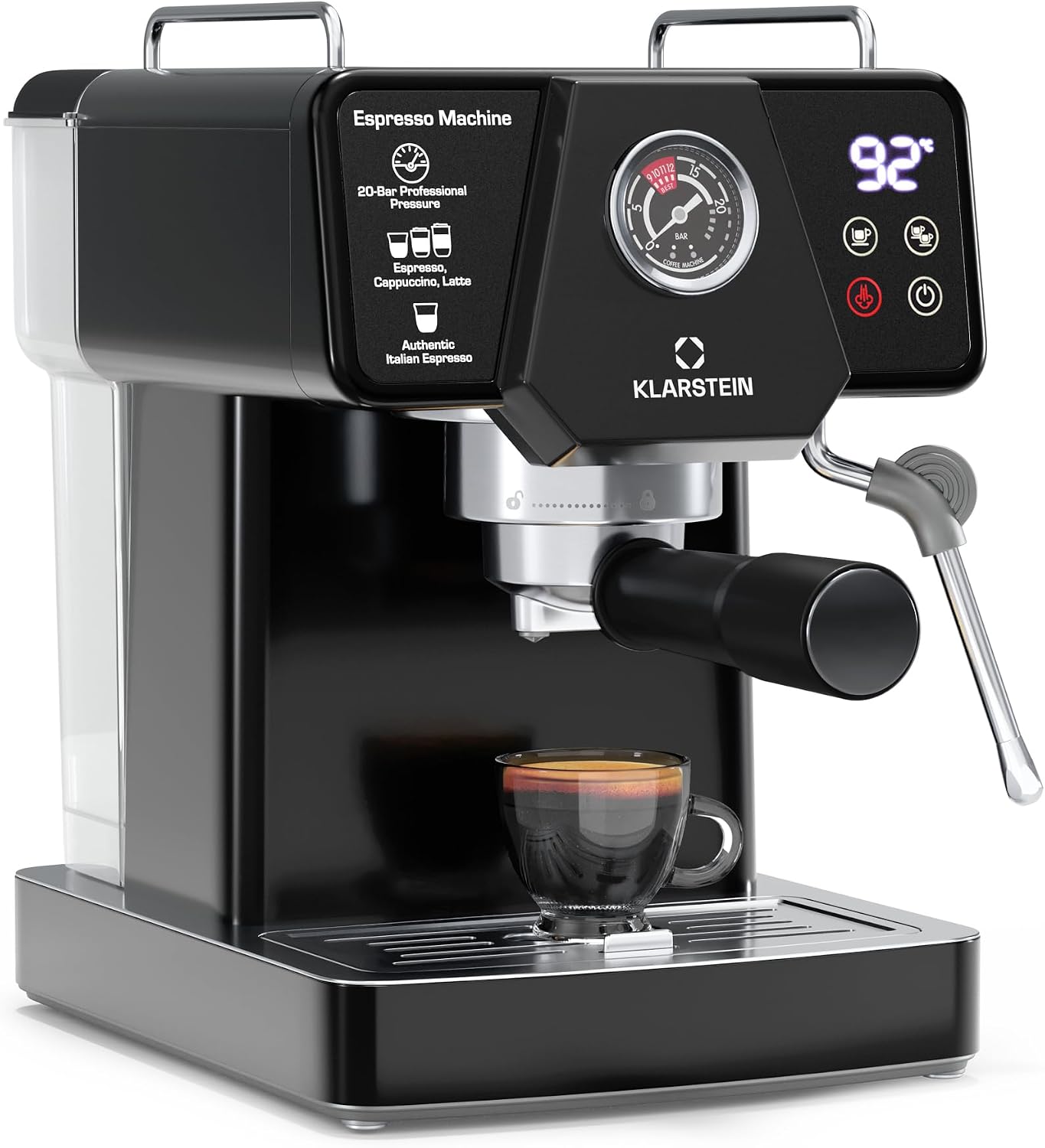Klarstein Libeica Siebträgermaschine Met Maalmolen – 19 Bar, 1.350 W, RVS, 1,8-l-Watertank, Stoompijp, Touch-bedieningspaneel, Voor Espresso en Koffiepoeder, Afneembare Watertank