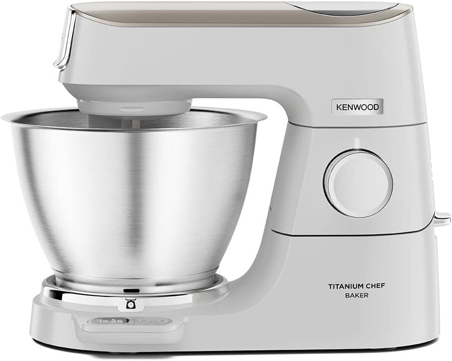 Kenwood Titanium Chef Baker KVC65.001WH, Keukenmachine met Geïntegreerde EasyWeigh Weegschaal, 5L Kom, 3-Delige Accessoire-set met K-klopper Ballongarde en Deeghaak, Spatel & Spatscherm, 1200W, Wit