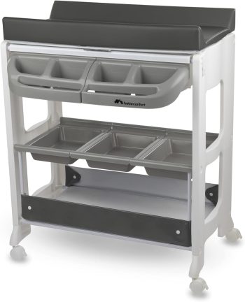 Bebeconfort Dolphy, 2-in-1 Baby Bad & Verschoontafel, 0-12 Maanden(max. 11 kg), Eenvoudig Verplaatsen met 4 Wielen, Meerdere Opbergvakken, Gewatteerd Verschoonkussen, Easy Tub Drainage, Grey Mist