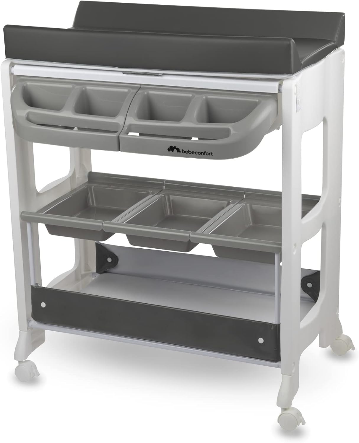 Bebeconfort Dolphy, 2-in-1 Baby Bad & Verschoontafel, 0-12 Maanden(max. 11 kg), Eenvoudig Verplaatsen met 4 Wielen, Meerdere Opbergvakken, Gewatteerd Verschoonkussen, Easy Tub Drainage, Grey Mist